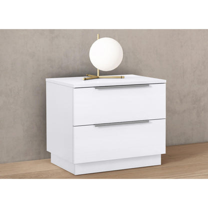 Damien 2 Drawer Nightstand in High Gloss White & Silver Stainless Steel by Whiteline Modern Living