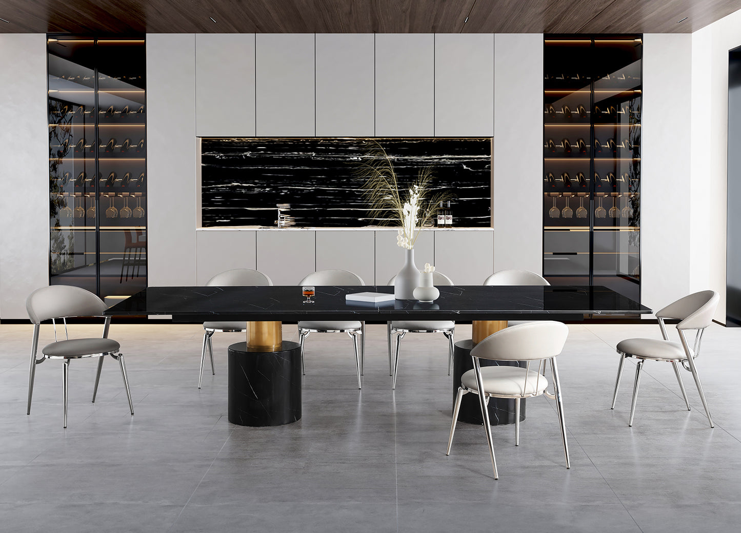 Geneva 180" Dining Table in Gloss Black Marble & Polished Stainless Steel by Whiteline Modern Living