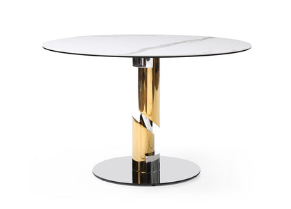 Gloria 47" Round Dining Table in White Ceramic, Gold & Silver Stainless Steel by Whiteline Modern Living