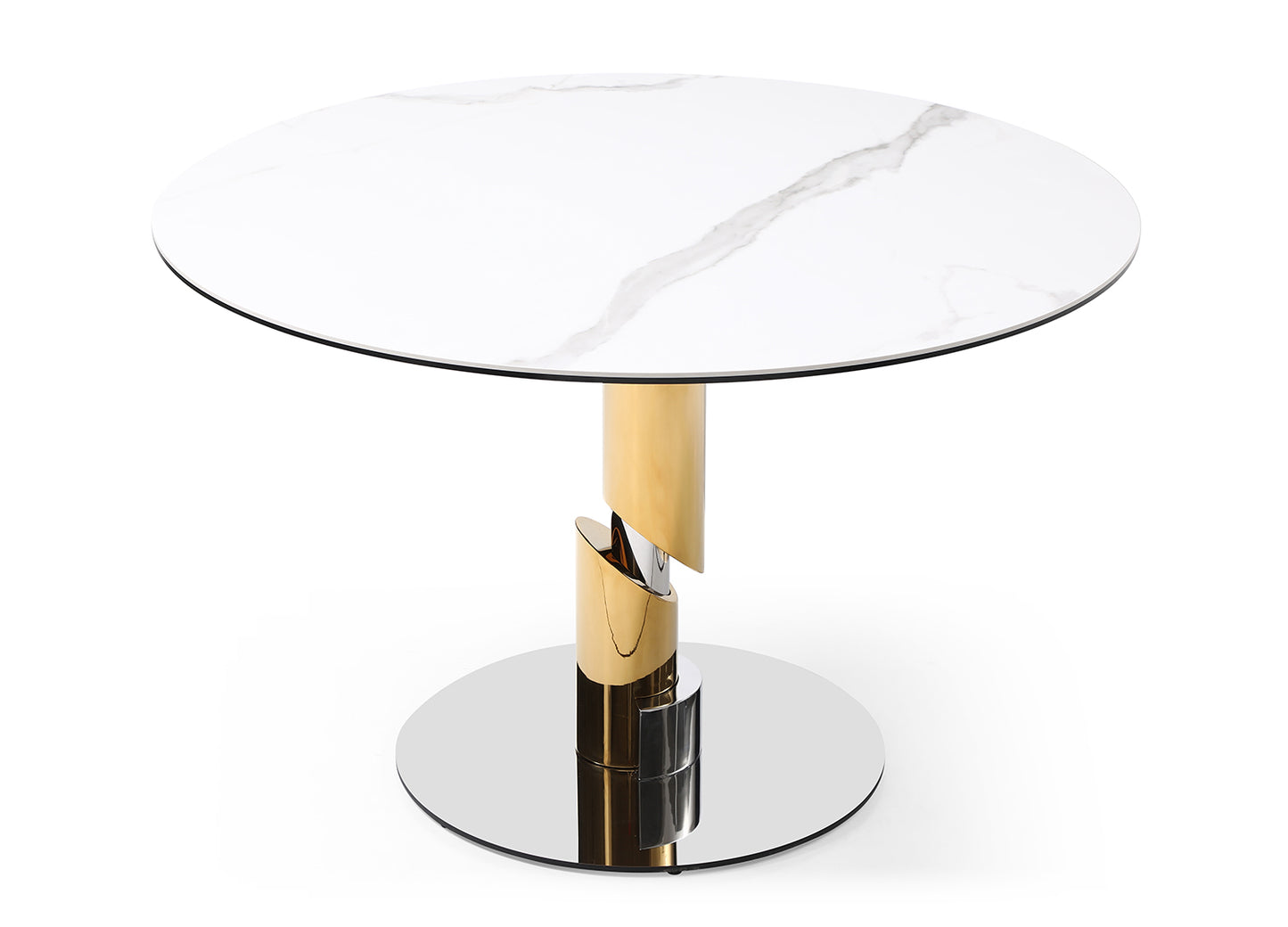 Gloria 47" Round Dining Table in White Ceramic, Gold & Silver Stainless Steel by Whiteline Modern Living