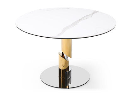 Gloria 47" Round Dining Table in White Ceramic, Gold & Silver Stainless Steel by Whiteline Modern Living