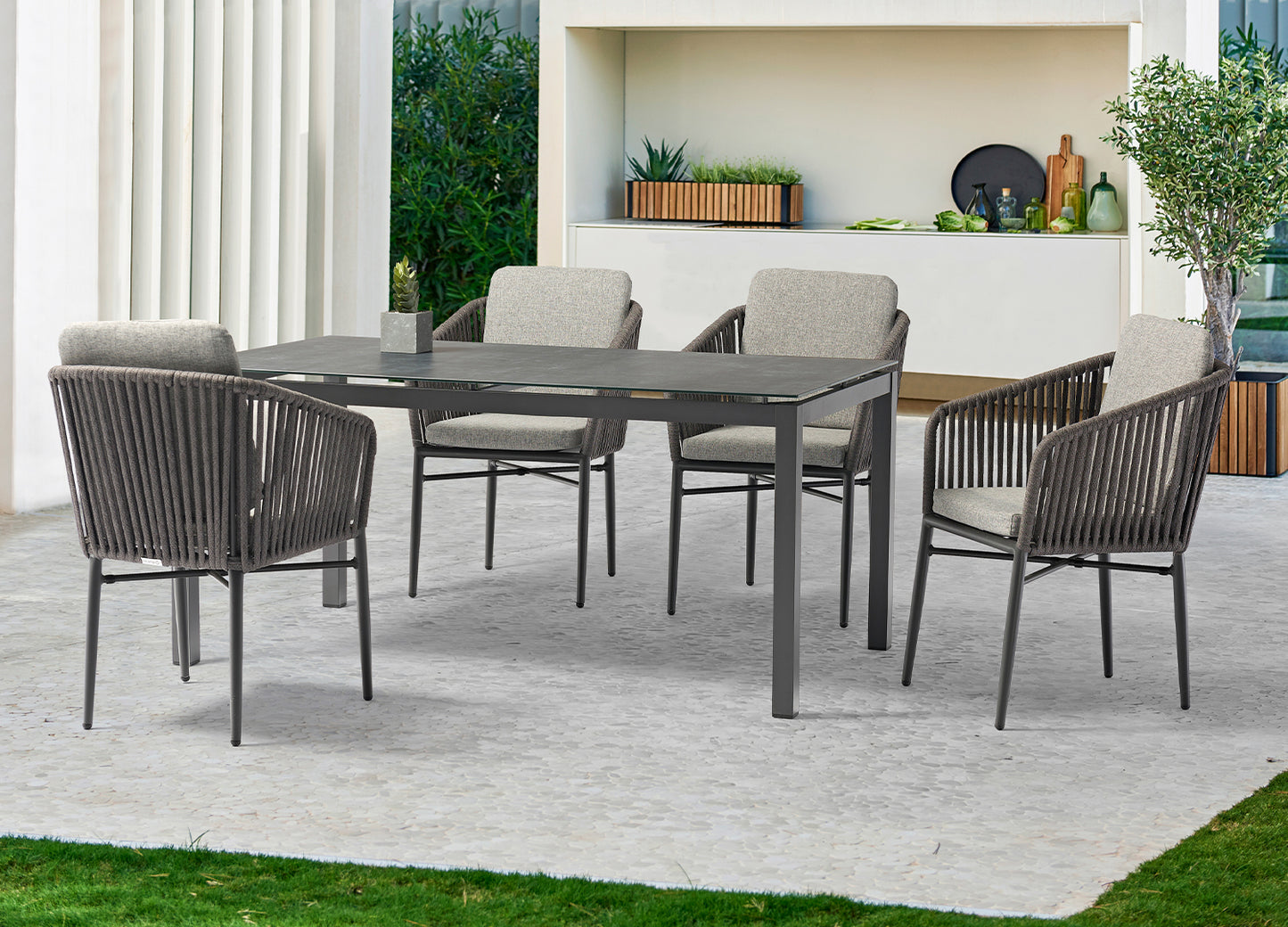 Lynn Outdoor 63" Dining Table in Glass w/ Dark Grey Ceramic Finish & Dark Grey Aluminum by Whiteline Modern Living