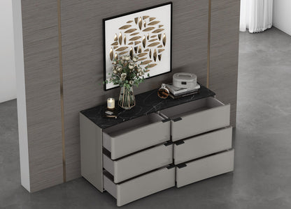 Massimo 6 Drawer Dresser in Light Grey w/ Black & White Marble Texture Lacquer by Whiteline Modern Living