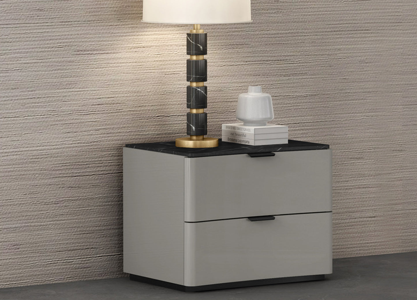 Massimo Nightstand in Dark Grey w/ Black & White Marble Texture Lacquer by Whiteline Modern Living