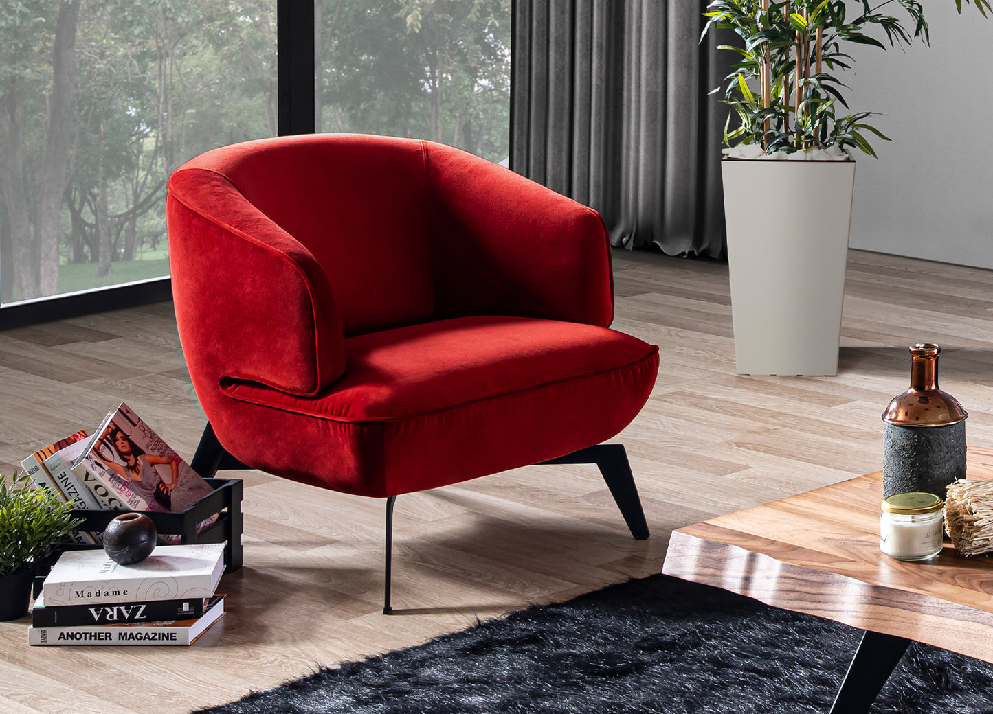 Mersin Accent Chair in RED Velvet Fabric &RED Powder Coated Metal by Whiteline Modern Living