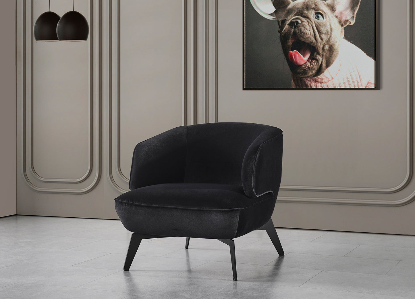 Mersin Accent Chair in Black Velvet Fabric & Black Powder Coated Metal by Whiteline Modern Living