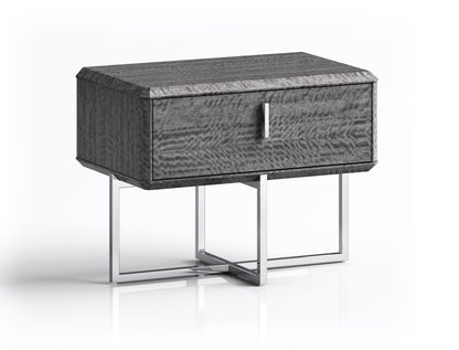 Chloe Nightstand One Drawer in High Gloss Grey & Polished Stainless Steel