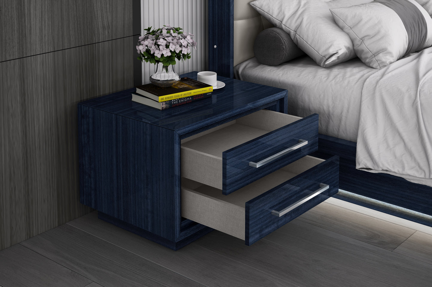 Alexander Nightstand in High Gloss Saphire Blue & Stainless Steel