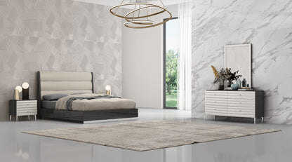 Pino King Bed in Gloss Dark Grey, Light Grey Leatherette & Stainless by Whiteline Modern Living