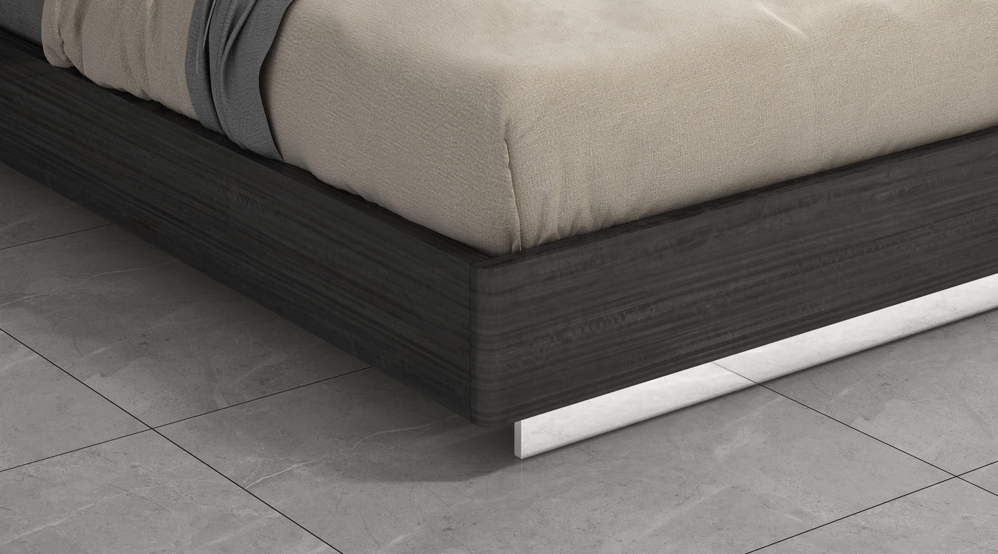 Pino King Bed in Gloss Dark Grey, Light Grey Leatherette & Stainless by Whiteline Modern Living