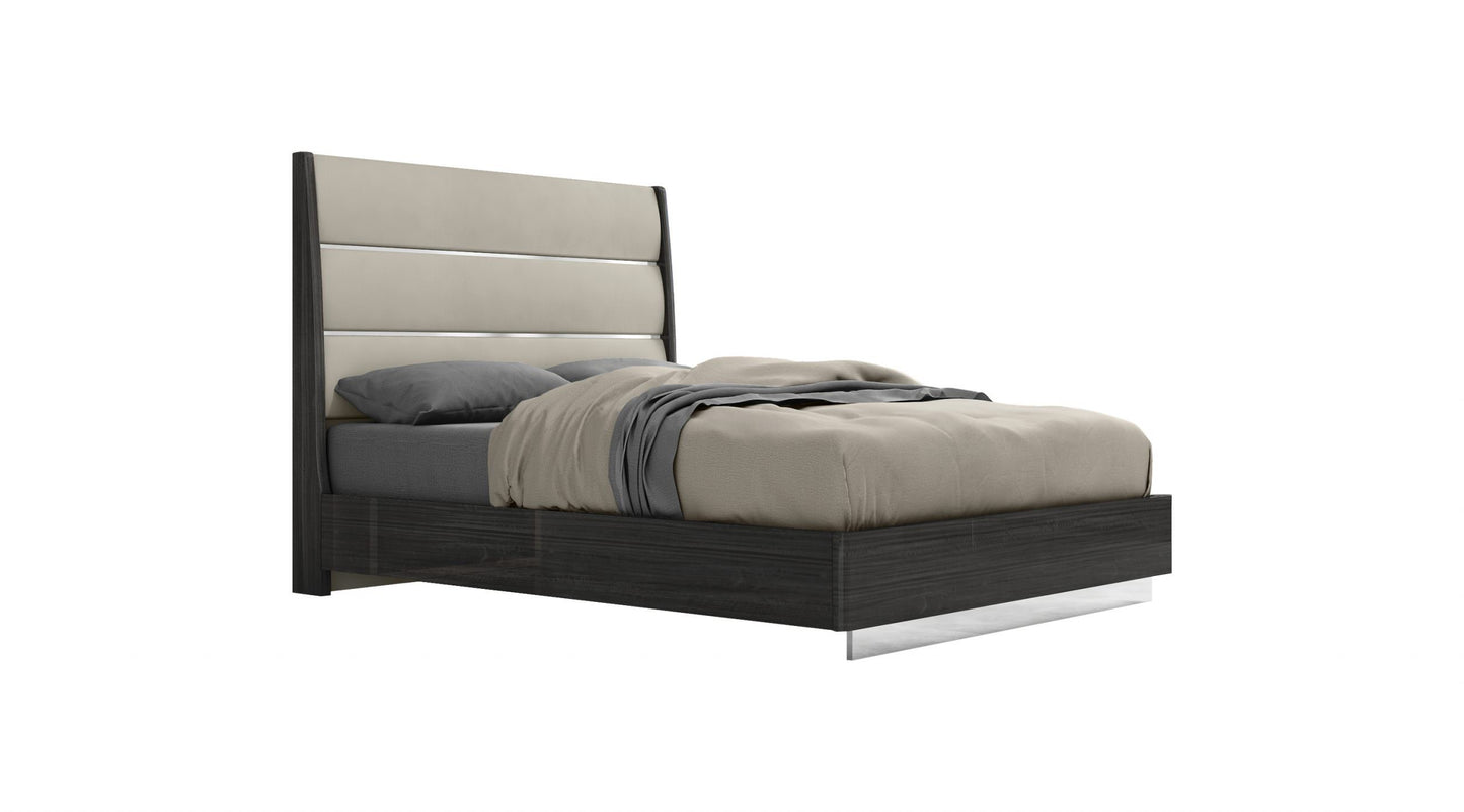 Pino Queen Bed in Gloss Dark Grey, Light Grey Leatherette & Stainless by Whiteline Modern Living