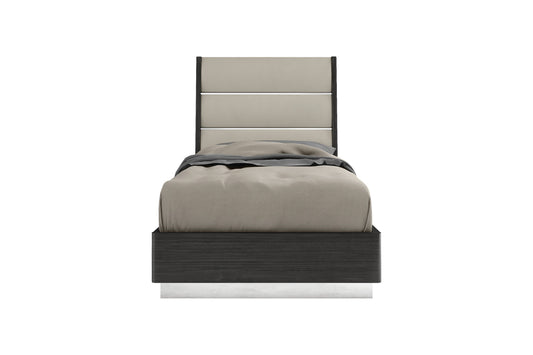 Pino Twin Bed in Gloss Dark Grey, Light Grey Leatherette & Stainless by Whiteline Modern Living