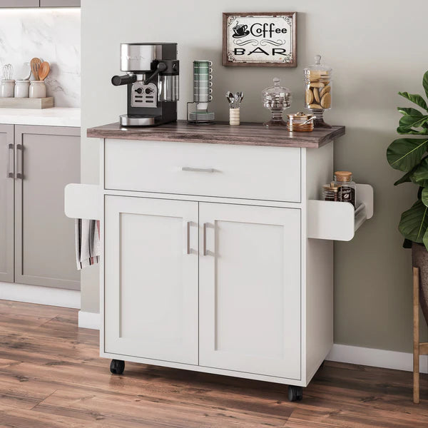 Deluxe Mobile Kitchen Island Cart with Water-Resistant Top, Storage Cabinets with Adjustable Shelves, and Towel & Spice Rack