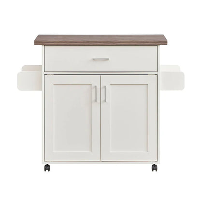 Deluxe Mobile Kitchen Island Cart with Water-Resistant Top, Storage Cabinets with Adjustable Shelves, and Towel & Spice Rack