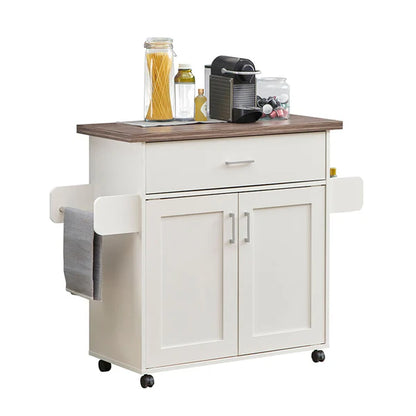 Deluxe Mobile Kitchen Island Cart with Water-Resistant Top, Storage Cabinets with Adjustable Shelves, and Towel & Spice Rack