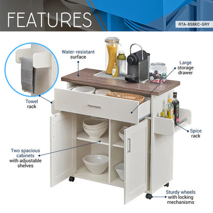 Deluxe Mobile Kitchen Island Cart with Water-Resistant Top, Storage Cabinets with Adjustable Shelves, and Towel & Spice Rack