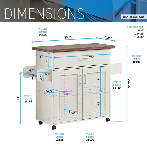 Deluxe Mobile Kitchen Island Cart with Water-Resistant Top, Storage Cabinets with Adjustable Shelves, and Towel & Spice Rack