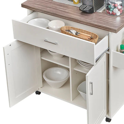 Deluxe Mobile Kitchen Island Cart with Water-Resistant Top, Storage Cabinets with Adjustable Shelves, and Towel & Spice Rack