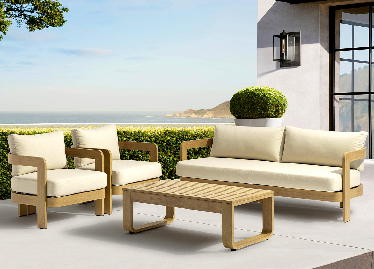 Sally 4 Piece Outdoor Loveseat Set in Wood Finish Aluminum & Beige Fabric by Whiteline Modern Living