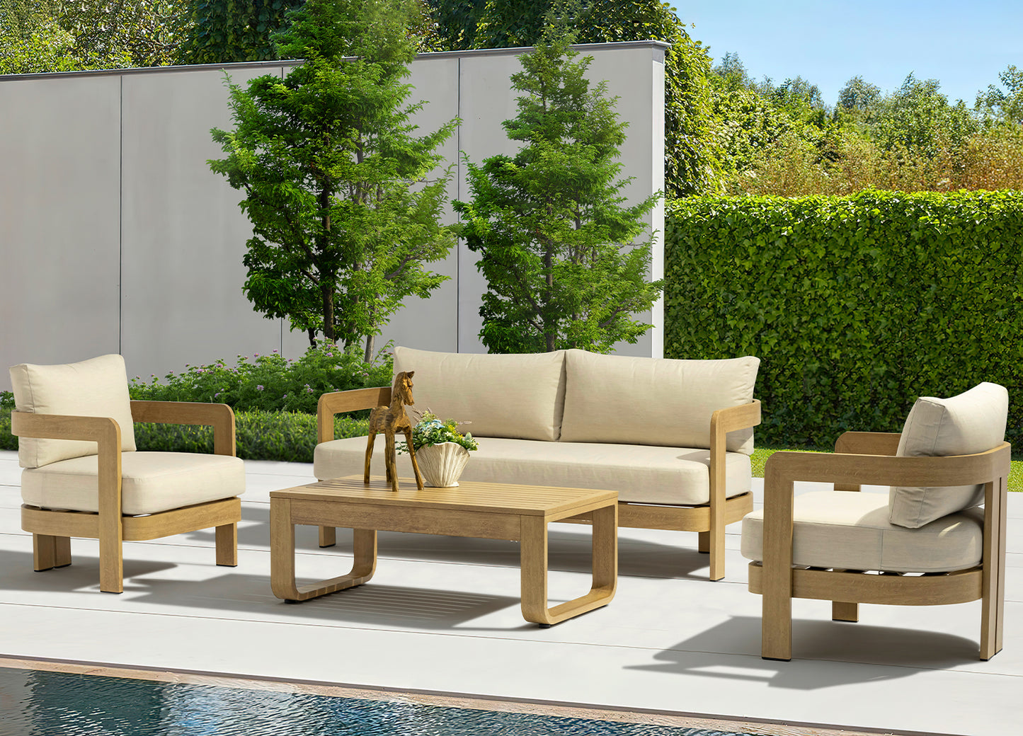 Sally 4 Piece Outdoor Loveseat Set in Wood Finish Aluminum & Beige Fabric by Whiteline Modern Living