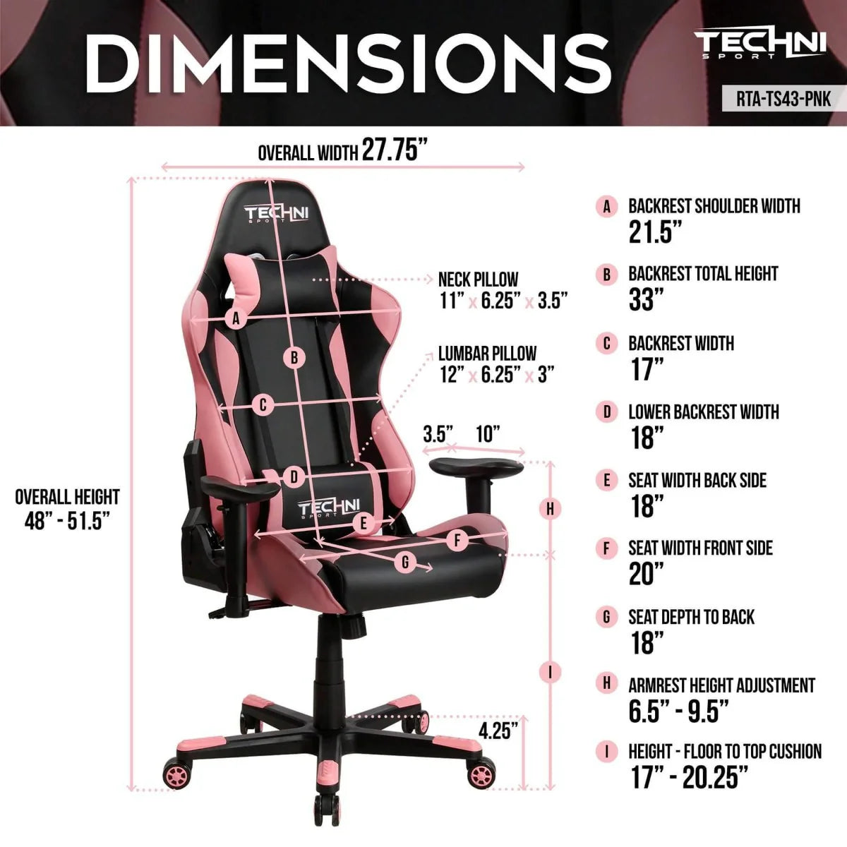 Techni Sport TS-4300 Pink Ergonomic High Back Racer Style PC Gaming Chair