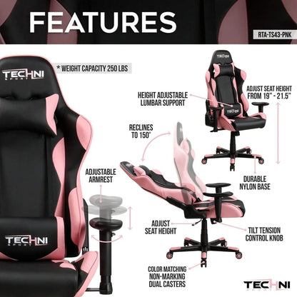 Techni Sport TS-4300 Pink Ergonomic High Back Racer Style PC Gaming Chair