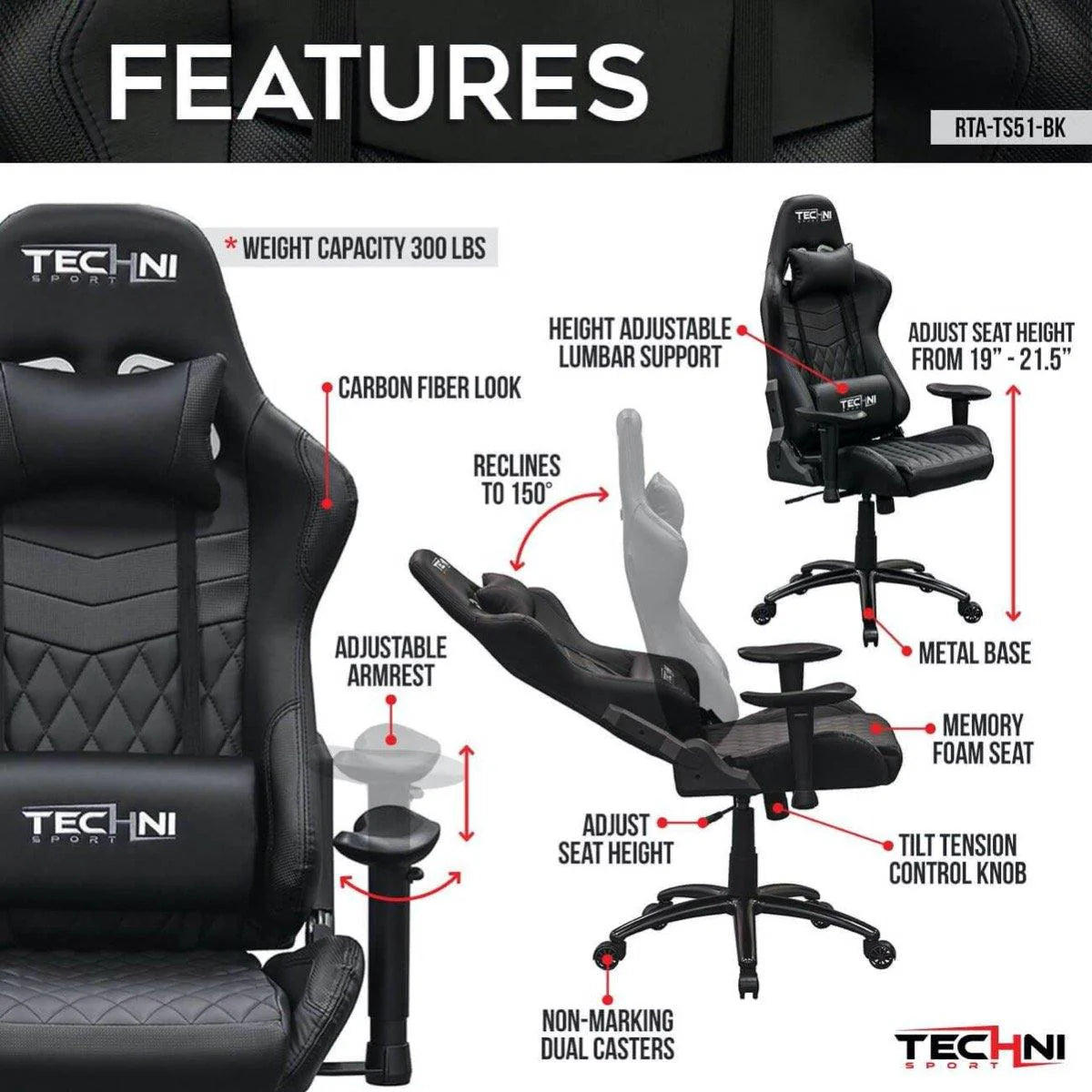 Techni Sport TS-5100 Black Ergonomic High Back Racer Style PC Gaming Chair