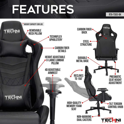 Techni Sport TS-83 Black Ergonomic High Back Racer Style PC Gaming Chair