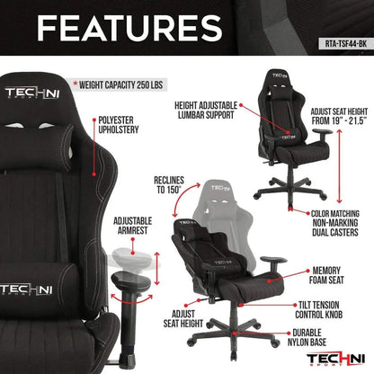 Techni Sport TS-F44 Black Fabric Ergonomic High Back Racer Style PC Gaming Chair