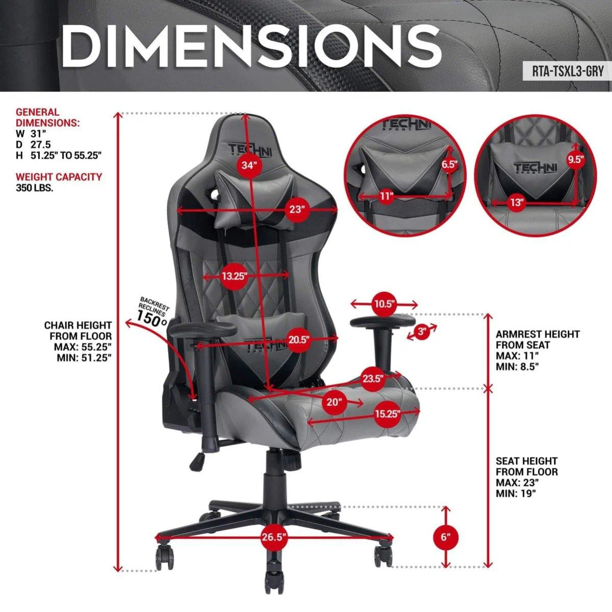 Techni Sport XL Gray Ergonomic Gaming Chair