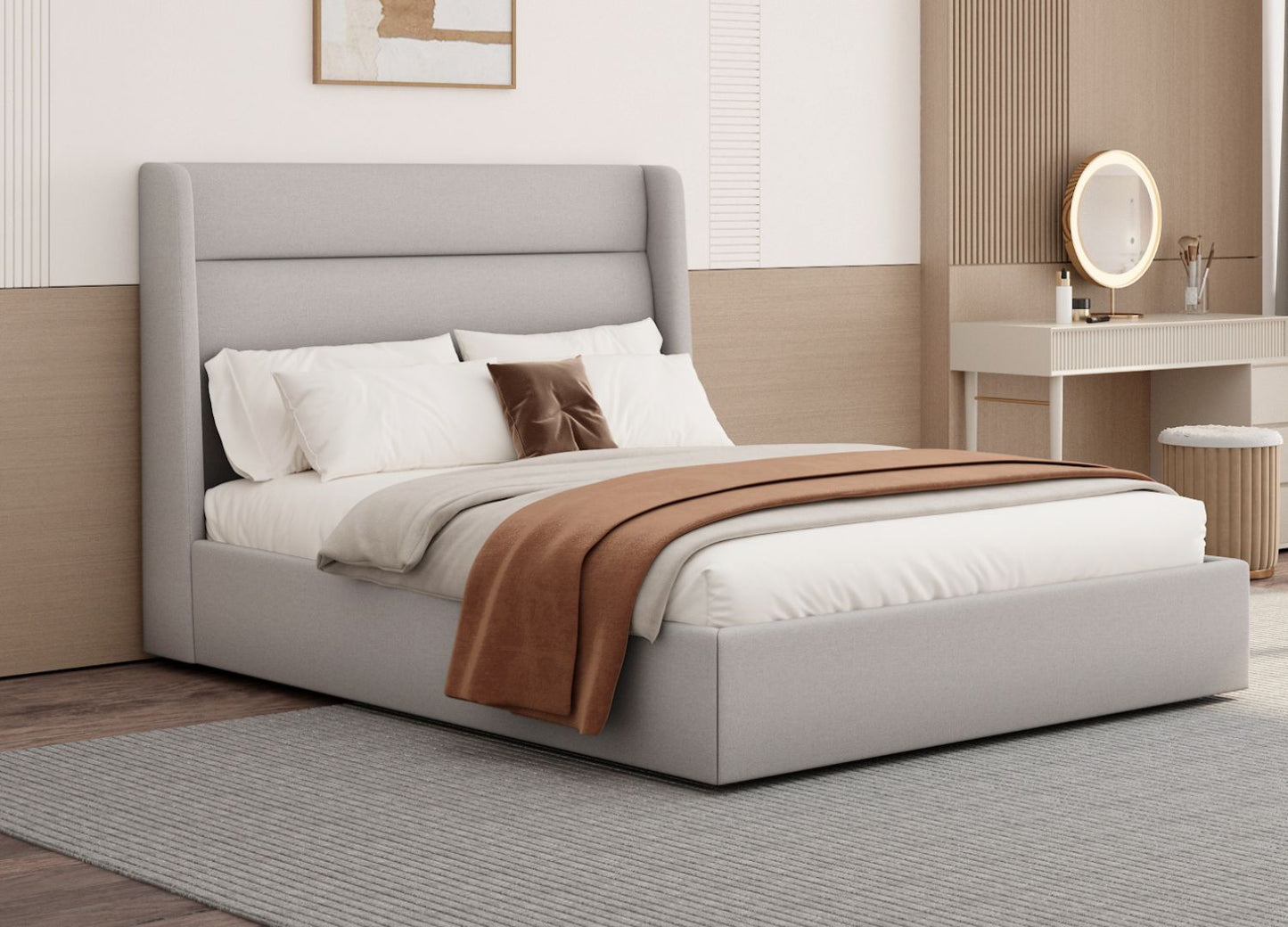 Tokyo Queen Bed w/ Side Edge Headboard in Light Grey Fabric by Whiteline Modern Living