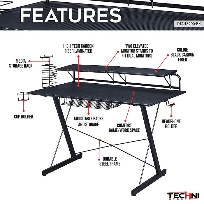 Techni Sport RTA-TS200-BK Carbon Computer Gaming Desk with Shelving; Black - 47.25 x 23.5 x 41.5 in.