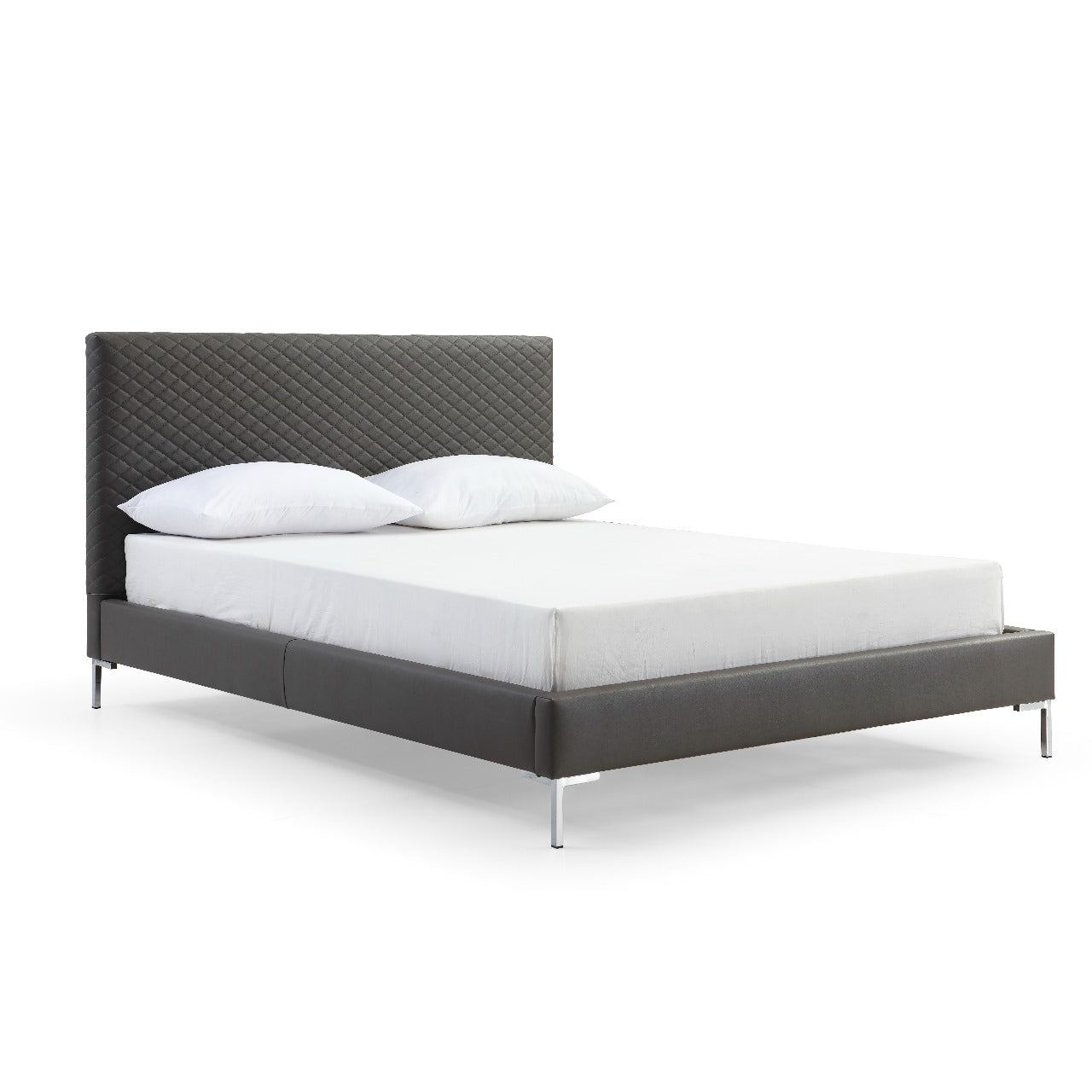 Liz Queen Bed , Fully Upholstered Dark Gray faux leather, Chrome Legs