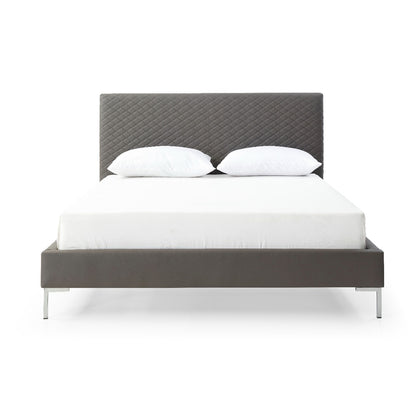 Liz Queen Bed , Fully Upholstered Dark Gray faux leather, Chrome Legs