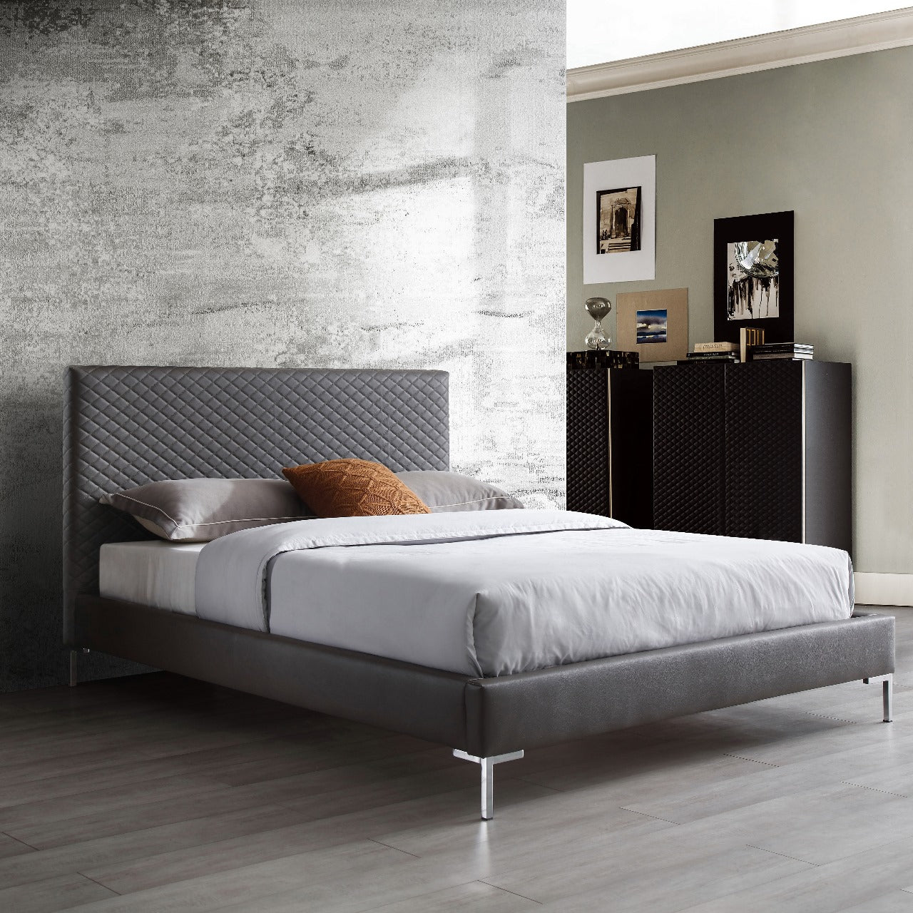 Liz Queen Bed , Fully Upholstered Dark Gray faux leather, Chrome Legs