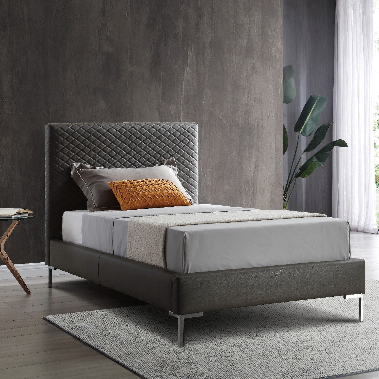 Liz Twin Bed in Dark Gray Leatherette & Chrome