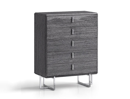 Chloe 5 Drawer Chest in High Gloss Grey & Polished Stainless Steel