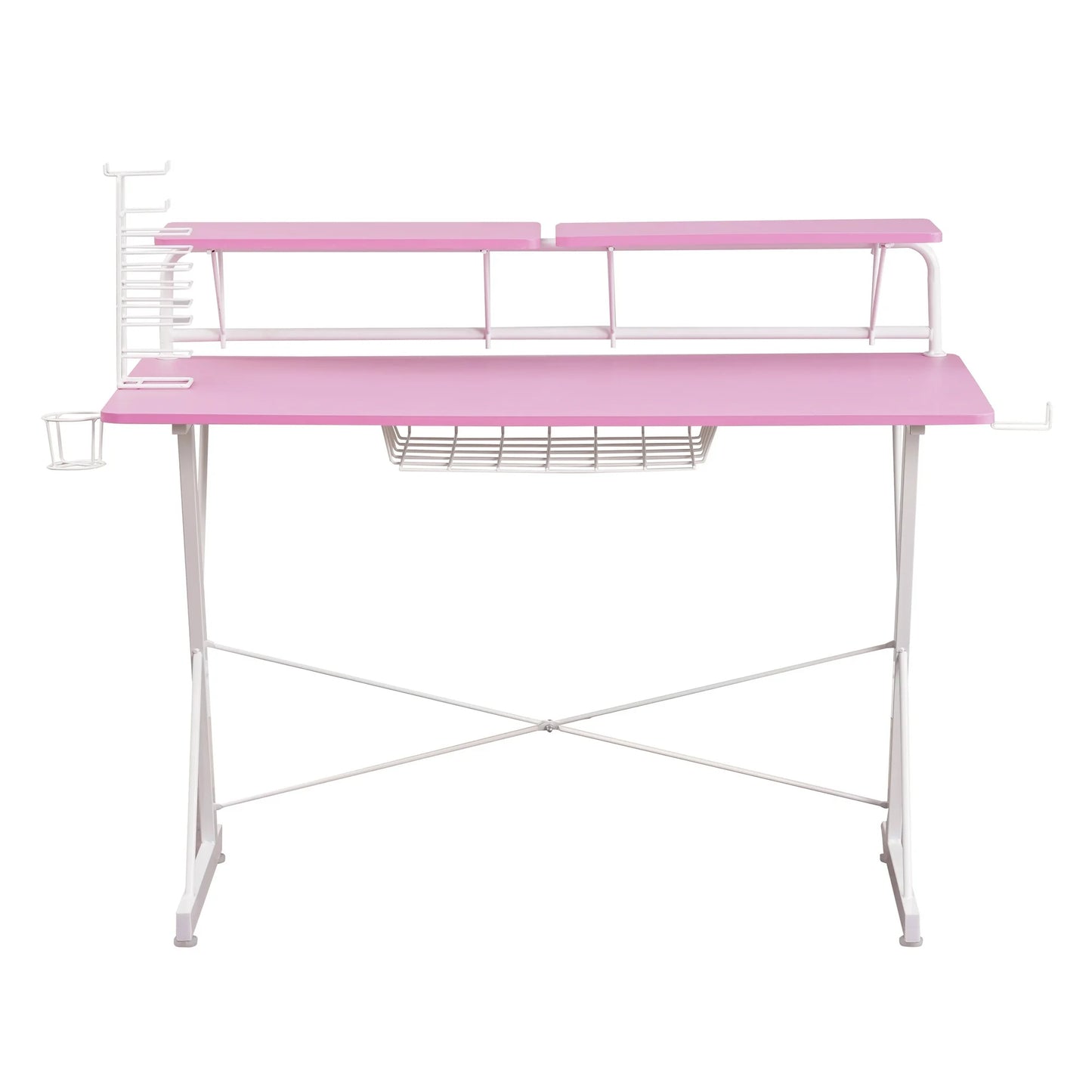 Techni Sport TS-200 Carbon 47" Computer Gaming Desk with Shelving, Pink/ White RTA-TS200-PNK