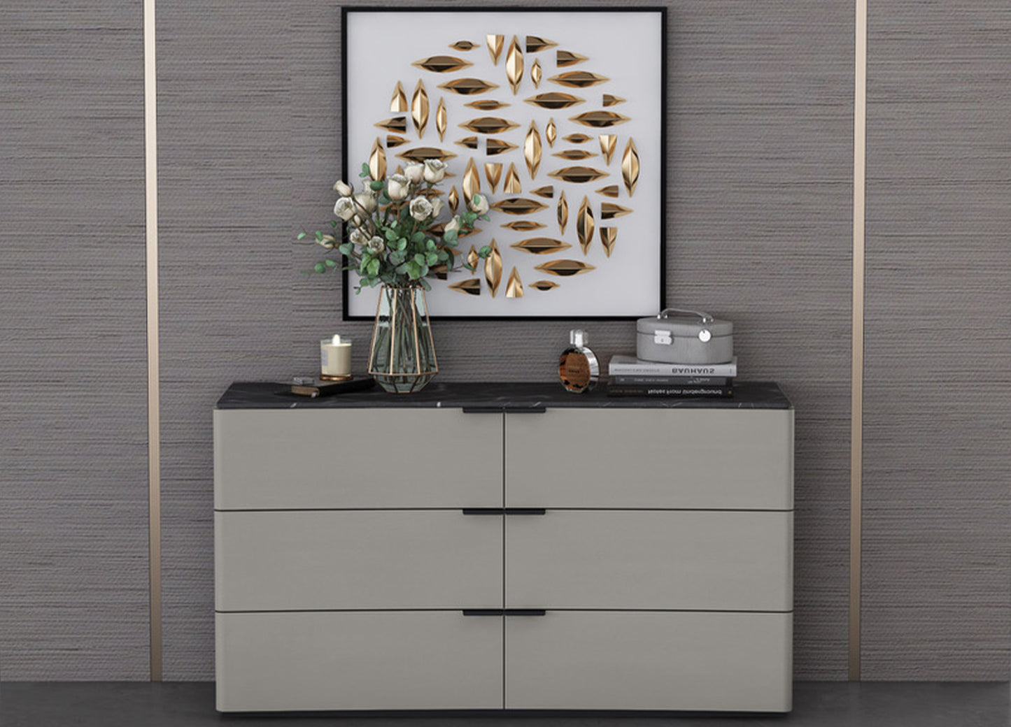 Massimo 6 Drawer Dresser in Dark Grey w/ Black & White Marble Texture Lacquer by Whiteline Modern Living