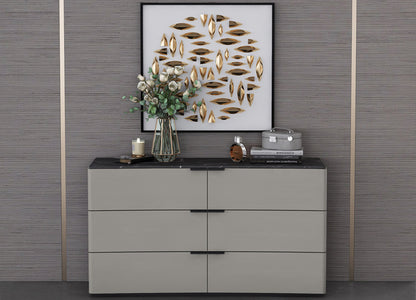 Massimo 6 Drawer Dresser in Dark Grey w/ Black & White Marble Texture Lacquer by Whiteline Modern Living