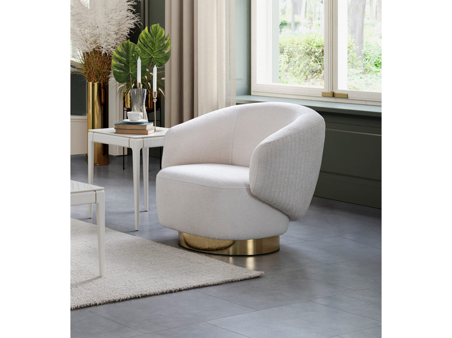 Erzin Accent Chair in White Feathered Fabric & Polished Gold Legs by Whiteline Modern Living