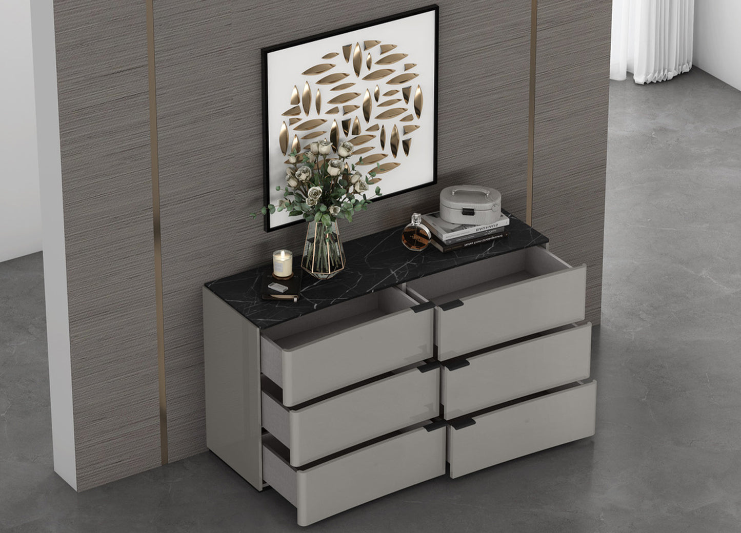 Massimo 6 Drawer Dresser in Dark Grey w/ Black & White Marble Texture Lacquer by Whiteline Modern Living