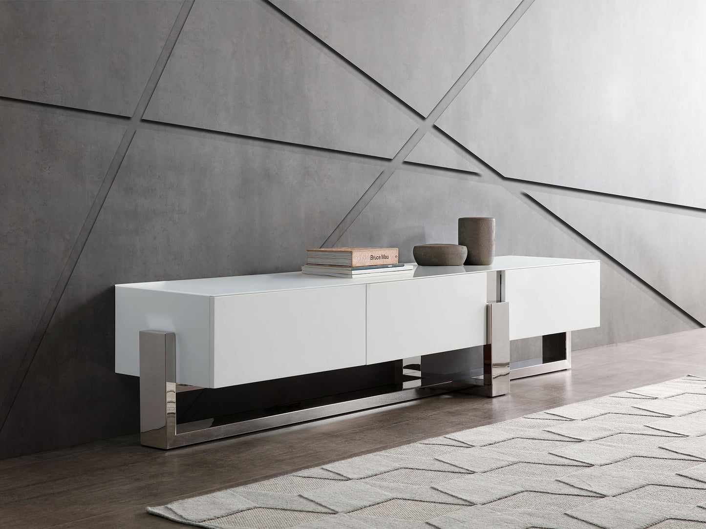 Blake 91" TV Stand in White w/ Tempered Crystal Frosted Glass Top by Whiteline Modern Living